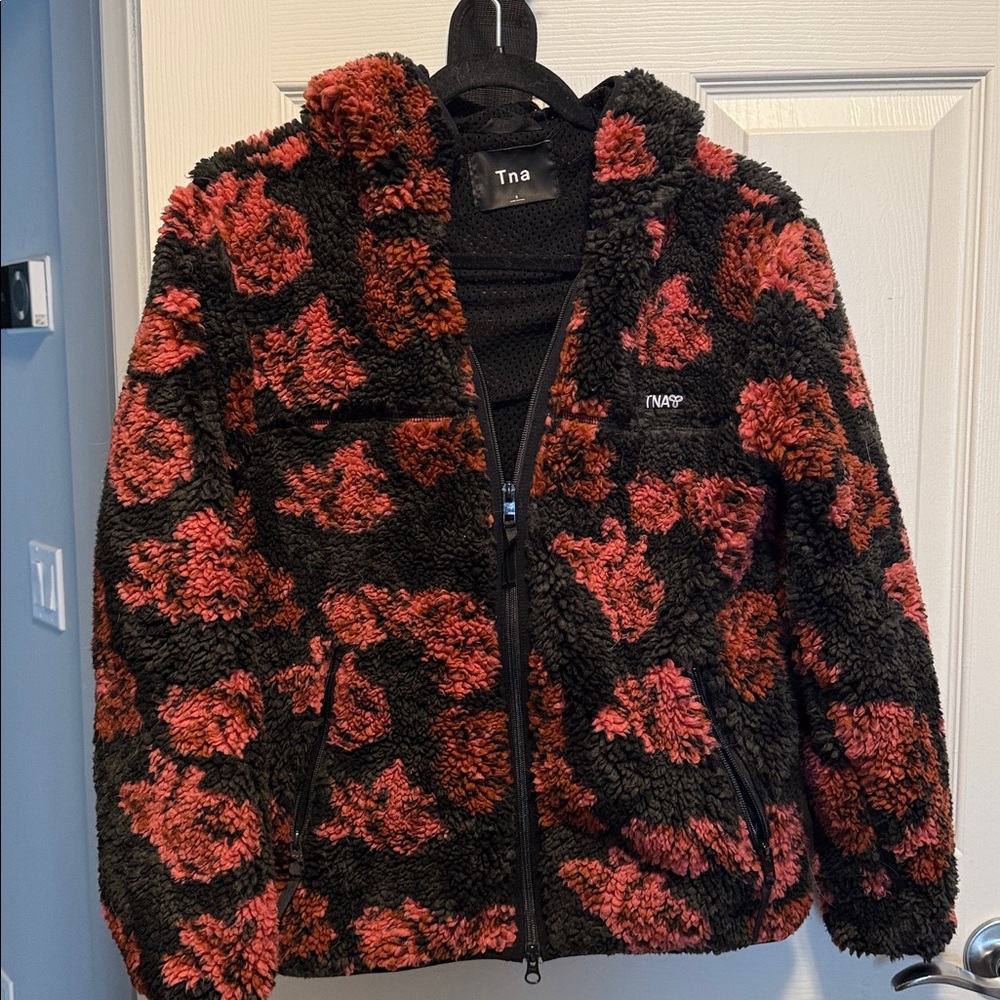 TNA Black and Red Patterned Fleece Hooded Jacket